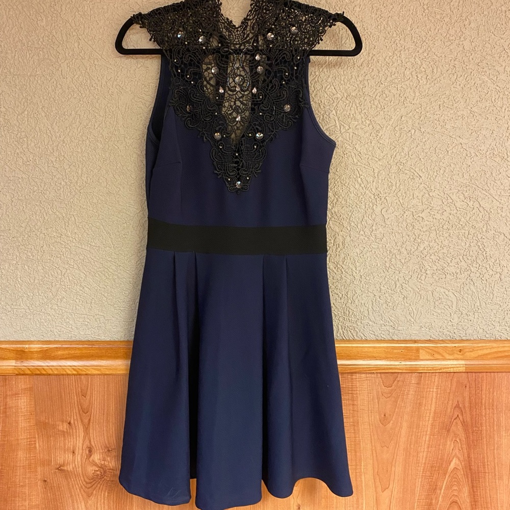 Formal navy and black tie back short dress